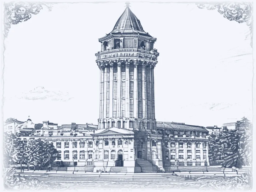 Gravure : la Tour de la Paix du Parlement du Canada, encre bleue et rouge
